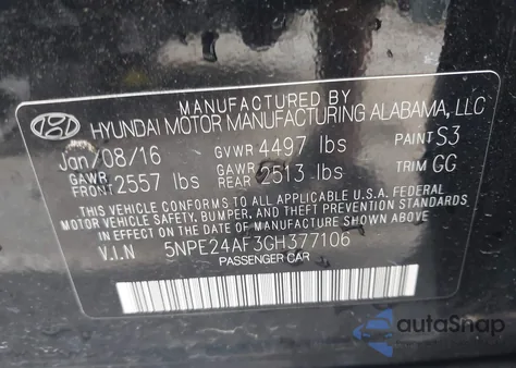 2016 Hyundai Sonata Se из США, поврежденный, VIN 5NPE24AF3GH377106
